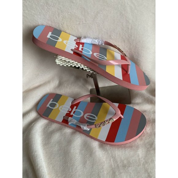 COPY 🌹Women’s Sandals Size 8 MINDEE BEBE LOGO Striped Pink Multi FLIP FLOPS - Picture 2 of 10